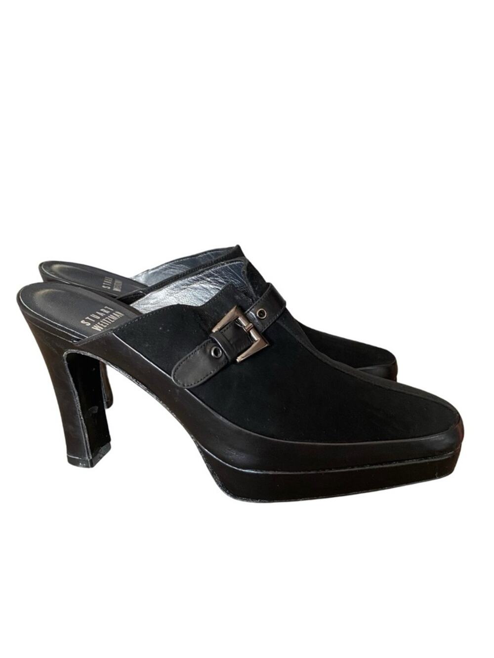 Stuart Weitzman Black Leather Suede Platform Mule Heels Size 6.5 Buckle